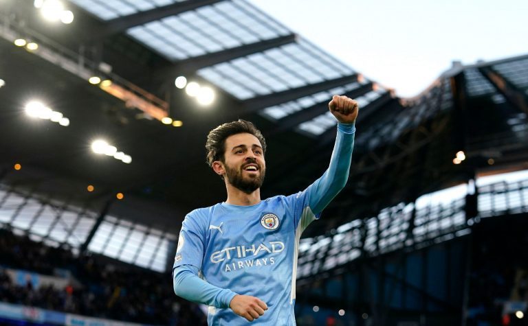 Manchester, UK. 21st Nov, 2021. Bernardo Silva of Manchester City celebrates after scoring during the Premier League match at the Etihad Stadium, Manchester. Picture credit should read: Andrew Yates/Sportimage Credit: Sportimage/Alamy Live News