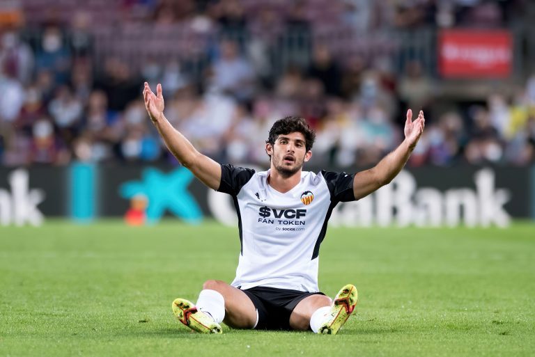 BARCELONA - OCT 17: Goncalo Guedes in action during the La Liga match between FC Barcelona and Valencia CF at the Camp Nou Stadium on October 17, 2021 BARCELONA - OCT 17: Goncalo Guedes in action during the La Liga match between FC Barcelona and Valencia CF at the Camp Nou Stadium on October 17, 2021