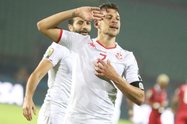 Cairo, Egypt. 11th July, 2019. Tunisia's Youssef Msakni celebrates scoring his side's second goal during the 2019 Africa Cup of Nations quarter final soccer match between Madagascar and Tunisia at the Al-Salam Stadium. Credit: Gehad Hamdy/dpa/Alamy Live N Cairo, Egypt. 11th July, 2019. Tunisia's Youssef Msakni celebrates scoring his side's second goal during the 2019 Africa Cup of Nations quarter final soccer match between Madagascar and Tunisia at the Al-Salam Stadium. Credit: Gehad Hamdy/dpa/Alamy Live N