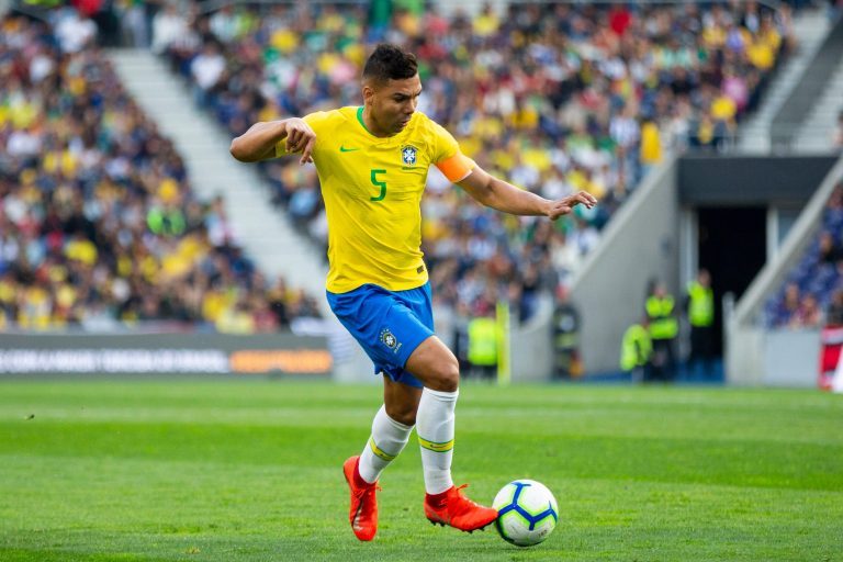 Brazil player Carlos H. Casemiro (L) seen in action during the friendly football match between Brazil and Panama for the Brazil Global Tour at Dragon Stadium in Porto. ( Final score; Brazil 1:1 Panama )
