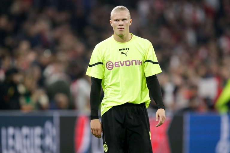 AMSTERDAM, NETHERLANDS - OCTOBER 19: Erling Braut Haaland of Borussia Dortmund during the Group C - UEFA Champions League match between Ajax and Borussia Dortmund at Johan Cruijff ArenA on October 19, 2021 in Amsterdam, Netherlands (Photo by Peter Lous/Or AMSTERDAM, NETHERLANDS - OCTOBER 19: Erling Braut Haaland of Borussia Dortmund during the Group C - UEFA Champions League match between Ajax and Borussia Dortmund at Johan Cruijff ArenA on October 19, 2021 in Amsterdam, Netherlands (Photo by Peter Lous/Or