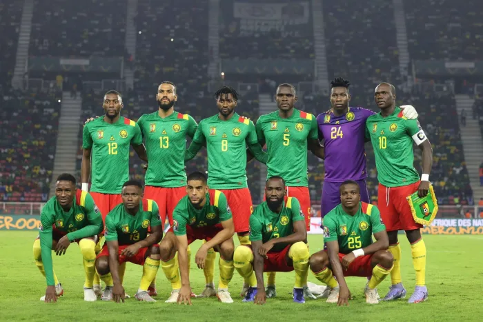 YAOUNDE, CAMEROON - JANUARY 24: national team of Cameroon pose for team photo from top left: Karl Toko Ekambi, Eric Maxim Choupo-Moting, Andre Zambo Anguissa, Michael Ngadeu-Ngadjui, Andre Onana, Vincent Aboubakar, from bottom left - Collins Fai, Jean-Cha