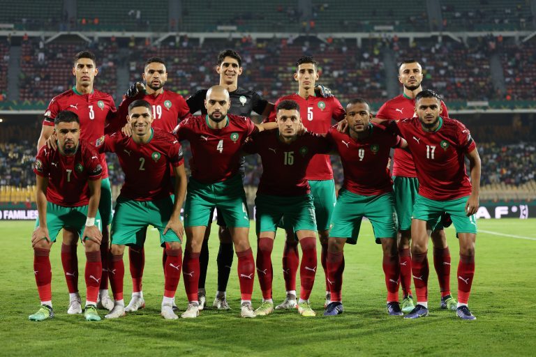 YAOUNDE, CAMEROON - JANUARY 25: National team of Morocco from top left - Adam Masina, Youssef En-Nesyri, Yassine Bounou, Nayef Aguerd, Romain Saiss, from bottom left: Imran Louza, Achraf Hakimi, Sofyan Amrabat, Selim Amallah, Sofiane Boufal looks on team YAOUNDE, CAMEROON - JANUARY 25: National team of Morocco from top left - Adam Masina, Youssef En-Nesyri, Yassine Bounou, Nayef Aguerd, Romain Saiss, from bottom left: Imran Louza, Achraf Hakimi, Sofyan Amrabat, Selim Amallah, Sofiane Boufal looks on team