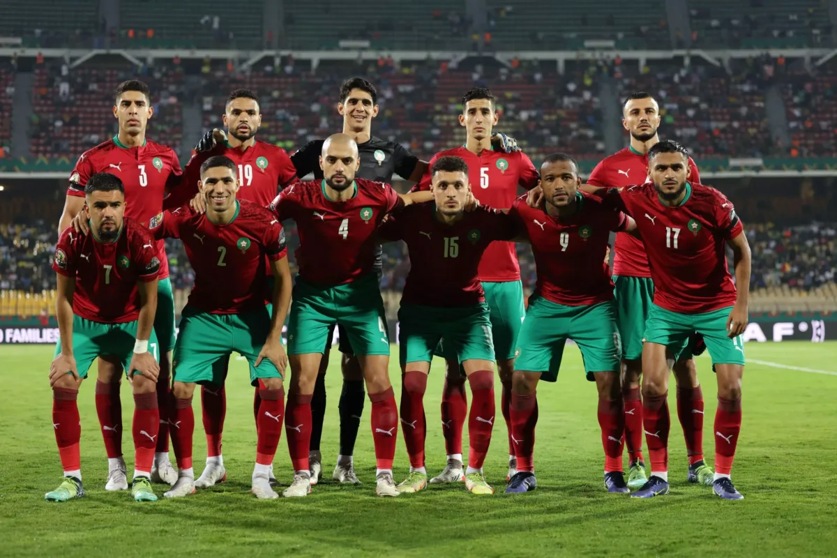 YAOUNDE, CAMEROON - JANUARY 25: National team of Morocco from top left - Adam Masina, Youssef En-Nesyri, Yassine Bounou, Nayef Aguerd, Romain Saiss, from bottom left: Imran Louza, Achraf Hakimi, Sofyan Amrabat, Selim Amallah, Sofiane Boufal looks on team
