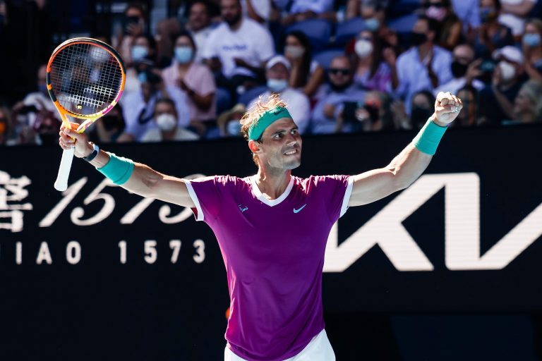 Melbourne, Australia. 19th Jan, 2022. Tennis: Grand Slam - Australian Open, men's singles, 2nd round: Hanfmann (Germany) - Nadal (Spain). Rafael Nadal cheers after winning the match. Credit: Frank Molter/dpa/Alamy Live News