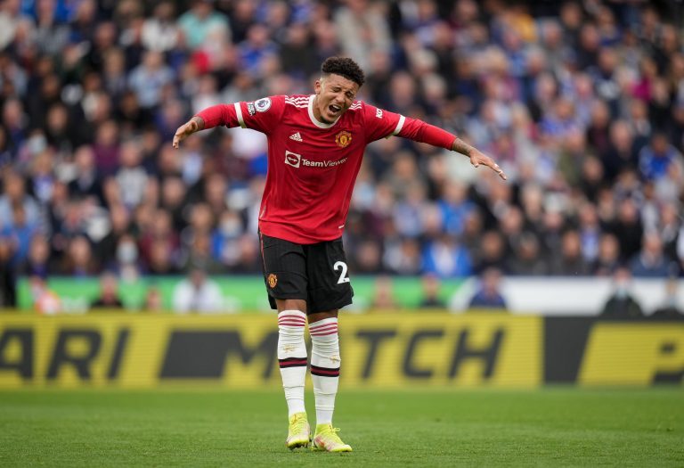 Leicester, UK. 16th Oct, 2021. Jadon Sancho of Man Utd shows his frustration during the Premier League match between Leicester City and Manchester United at the King Power Stadium, Leicester, England on 16 October 2021. Photo by Andy Rowland. Credit: PRiM
