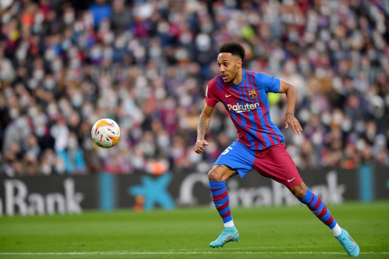 Pierre-Emerick Aubameyang (25) of FC Barcelona during the twenty three day of La Liga Santader match between FC Barcelona and Atletico de Madrid at Camp Nou Stadium on February 06 , 2022 in Barcelona, Spain. Pierre-Emerick Aubameyang (25) of FC Barcelona during the twenty three day of La Liga Santader match between FC Barcelona and Atletico de Madrid at Camp Nou Stadium on February 06 , 2022 in Barcelona, Spain.