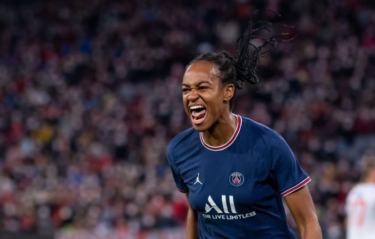 Munich, Germany. 22nd Mar, 2022. Soccer, Women: Champions League, Bayern Munich - Paris St. Germain, knockout round, quarterfinals, first leg at Allianz Arena. Marie-Antoinette Katoto of Paris celebrates her goal to make it 0:1. Credit: Sven Hoppe/dpa/Ala Munich, Germany. 22nd Mar, 2022. Soccer, Women: Champions League, Bayern Munich - Paris St. Germain, knockout round, quarterfinals, first leg at Allianz Arena. Marie-Antoinette Katoto of Paris celebrates her goal to make it 0:1. Credit: Sven Hoppe/dpa/Ala