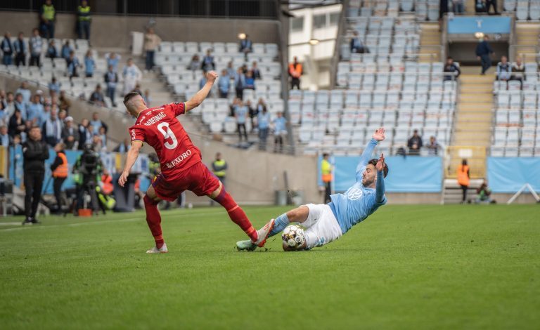 Malmoe, Sweden. 18th Sep, 2021. Haris Radetinac (9) of Djurgaarden and Erdal Rakip (7) of Malmoe FF seen during the Allsvenskan match between Malmoe FF and Djurgaarden at Eleda Stadion in Malmoe. (Photo Credit: Gonzales Photo/Alamy Live News Malmoe, Sweden. 18th Sep, 2021. Haris Radetinac (9) of Djurgaarden and Erdal Rakip (7) of Malmoe FF seen during the Allsvenskan match between Malmoe FF and Djurgaarden at Eleda Stadion in Malmoe. (Photo Credit: Gonzales Photo/Alamy Live News
