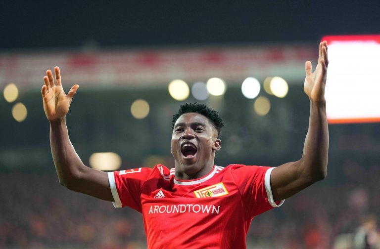 April 1, 2022: Taiwo Awoniyi of Union Berlin celebrates scoring their first goal during FC Union Berlin against FC Cologne, at An der Alten FA¶rsterei, Berlin, Germany. Kim Price/CSM. April 1, 2022: Taiwo Awoniyi of Union Berlin celebrates scoring their first goal during FC Union Berlin against FC Cologne, at An der Alten FA¶rsterei, Berlin, Germany. Kim Price/CSM.