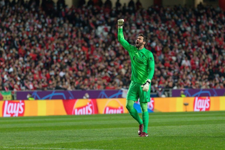 Lisbon, Portugal. April 05, 2022. Liverpool's goalkeeper from Brazil Alisson Becker (1) celebrating after a teammate score a goal during the game of the 1st Leg of the Quarter Finals for the UEFA Champions League, Benfica vs Liverpool Credit: Alexandre de