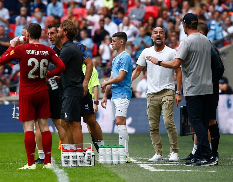 London, UK. 04th Aug, 2019. LONDON, ENGLAND. AUGUST 04: Manchester City manager Pep Guardiola having words with Liverpool manager Jurgen Klopp during The FA Community Shield between Liverpool and Manchester City at Wembley Stadium on August 04, 2019 in Lo