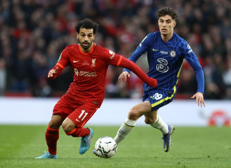 London, England, 27th February 2022. Mohamed Salah of Liverpool and Kai Havertz of Chelsea during the Carabao Cup match at Wembley Stadium, London. Picture credit should read: Paul Terry / Sportimage Credit: Sportimage/Alamy Live News London, England, 27th February 2022. Mohamed Salah of Liverpool and Kai Havertz of Chelsea during the Carabao Cup match at Wembley Stadium, London. Picture credit should read: Paul Terry / Sportimage Credit: Sportimage/Alamy Live News