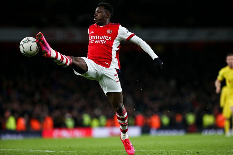 LONDON, UK. JAN 20TH Arsenal's Eddie Nketiah controls the ball during the Carabao Cup match between Arsenal and Liverpool at the Emirates Stadium, London on Thursday 20th January 2022. (Credit: Tom West | MI News) Credit: MI News & Sport /Alamy Live News LONDON, UK. JAN 20TH Arsenal's Eddie Nketiah controls the ball during the Carabao Cup match between Arsenal and Liverpool at the Emirates Stadium, London on Thursday 20th January 2022. (Credit: Tom West | MI News) Credit: MI News & Sport /Alamy Live News