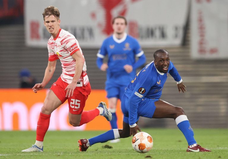 Leipzig, Germany. 28th Apr, 2022. 28 April 2022, Saxony, Leipzig: Soccer: Europa League, RB Leipzig - Glasgow Rangers, knockout round, semifinals, first leg, Red Bull Arena. Leipzig's Dani Olmo (l) in action against Glasgow's Glen Kamara. Photo: Jan Woita Leipzig, Germany. 28th Apr, 2022. 28 April 2022, Saxony, Leipzig: Soccer: Europa League, RB Leipzig - Glasgow Rangers, knockout round, semifinals, first leg, Red Bull Arena. Leipzig's Dani Olmo (l) in action against Glasgow's Glen Kamara. Photo: Jan Woita