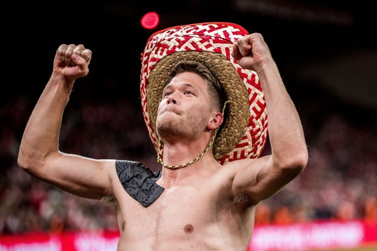 Copenhagen, Denmark. 12th Oct, 2021. Andreas Cornelius of Denmark celebrates with the fans after the UEFA World Cup qualifier between Denmark and Austria at Parken in Copenhagen. (Photo Credit: Gonzales Photo/Alamy Live News