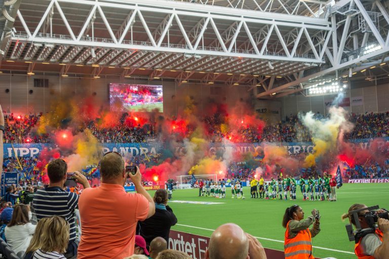 Djurgardens IF supporters pyro show during local derby against Stockholm rivals Hammarby IF.