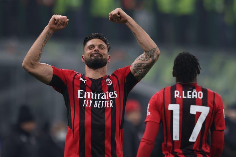 Milan, Italy, 5th February 2022. Olivier Giroud of AC Milan celebrates his brace after the final whistle following the 2-1 victory in the Serie A match at Giuseppe Meazza, Milan. Picture credit should read: Jonathan Moscrop / Sportimage