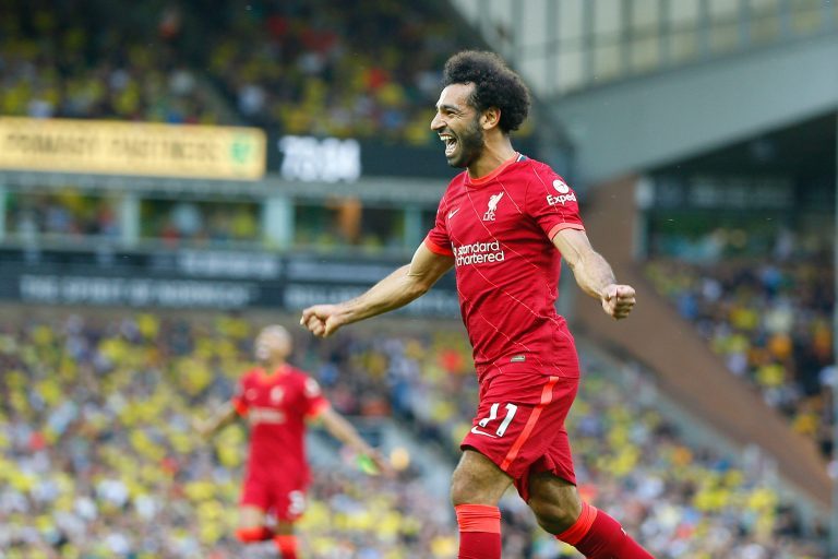 Norwich, UK. 14th Aug, 2021. Mohamed Salah of Liverpool celebrates getting the third goal of the game during the Premier League match between Norwich City and Liverpool at Carrow Road on August 14th 2021 in Norwich, England. (Photo by Mick Kearns/phcimage
