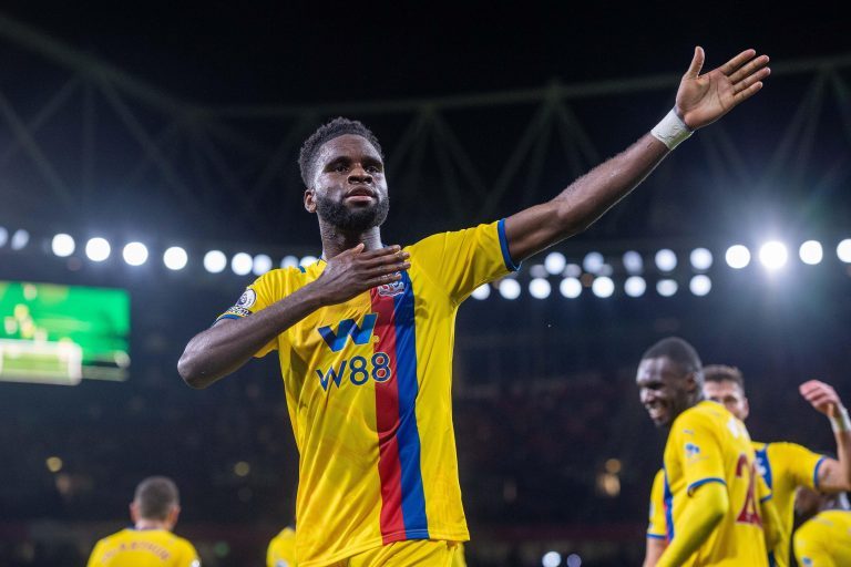 LONDON, ENGLAND - OCTOBER 18: Odsonne Edouard of Crystal Palace celebrate after scoring goal during the Premier League match between Arsenal and Crystal Palace at Emirates Stadium on October 18, 2021 in London, England. (Photo by Sebastian Frej)