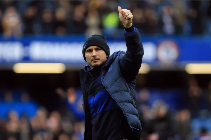 London, UK. 08th Mar, 2020. Chelsea Head Coach Frank Lampard salutes the fans after the game as he celebrates his teams victory. Premier League match, Chelsea v Everton at Stamford Bridge in London on Sunday 8th March 2020. this image may only be used for Man United Everton speltips stream