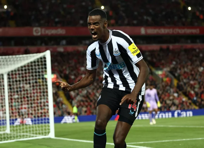 Liverpool, England, 31st August 2022. Alexander Isak of Newcastle United celebrates scoring their first goal during the Premier League match at Anfield, Liverpool. Picture credit should read: Darren Staples / Sportimage