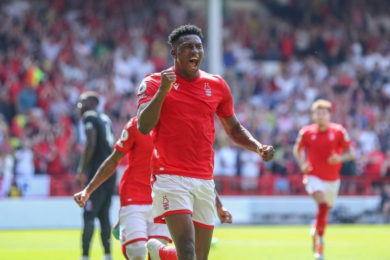 Taiwo Awoniyi #9 of Nottingham Forest celebrates his goal to make it 1-0 in Nottingham, United Kingdom on 8/14/2022. (Photo by Gareth Evans/News Images/Sipa USA) Taiwo Awoniyi #9 of Nottingham Forest celebrates his goal to make it 1-0 in Nottingham, United Kingdom on 8/14/2022. (Photo by Gareth Evans/News Images/Sipa USA)