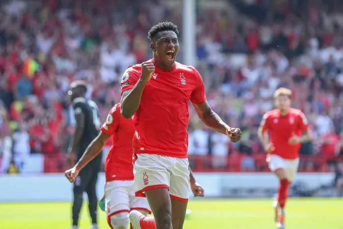 Taiwo Awoniyi #9 of Nottingham Forest celebrates his goal to make it 1-0 in Nottingham, United Kingdom on 8/14/2022. (Photo by Gareth Evans/News Images/Sipa USA)