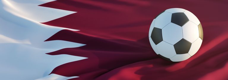Soccer ball with national flag of Qatar. World Cup 2022 championship in Qatar. 3d rendering. Soccer ball with national flag of Qatar. World Cup 2022 championship in Qatar. 3d rendering.