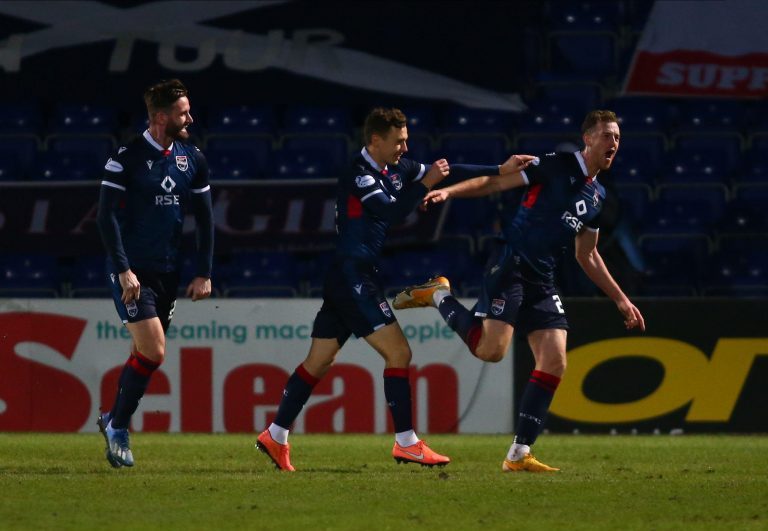 Dingwall, Highlands, Scotland, UK. 21st February 2021; Global Energy Stadium, Dingwall, Highlands, Scotland; Scottish Premiership Football, Ross County versus Celtic; Jordan White of Ross County celebrates after he makes it 1-0 in the 71st minute Credit: Dingwall, Highlands, Scotland, UK. 21st February 2021; Global Energy Stadium, Dingwall, Highlands, Scotland; Scottish Premiership Football, Ross County versus Celtic; Jordan White of Ross County celebrates after he makes it 1-0 in the 71st minute Credit: