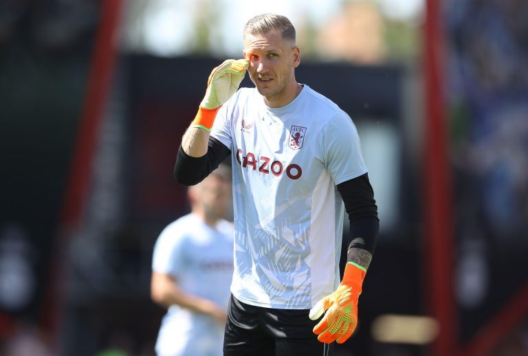 Bournemouth, England, 6th August 2022. Robin Olsen of Aston Villa warms up before the Premier League match at the Vitality Stadium, Bournemouth. Picture credit should read: Paul Terry / Sportimage