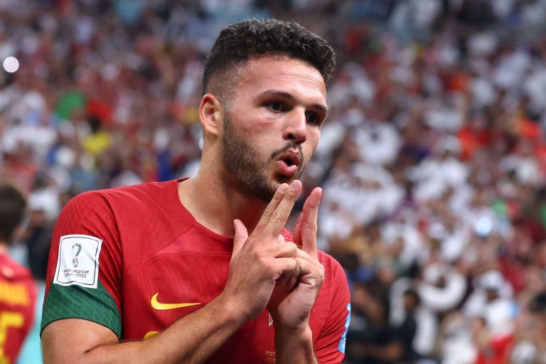 Lusail, Qatar. 06th Dec, 2022. Soccer, World Cup 2022 in Qatar, Portugal - Switzerland, Round of 16, at Lusail Stadium, Portugal's Goncalo Ramos celebrates after scoring the opening goal to make it 1-0. Credit: Tom Weller/dpa/Alamy Live News Lusail, Qatar. 06th Dec, 2022. Soccer, World Cup 2022 in Qatar, Portugal - Switzerland, Round of 16, at Lusail Stadium, Portugal's Goncalo Ramos celebrates after scoring the opening goal to make it 1-0. Credit: Tom Weller/dpa/Alamy Live News