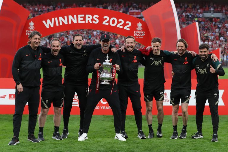 London, England, 14th May 2022. Jurgen Klopp, Manager of Liverpool with his coaching staff after his team win the Emirates FA Cup match at Wembley Stadium, London. Picture credit should read: Paul Terry / Sportimage