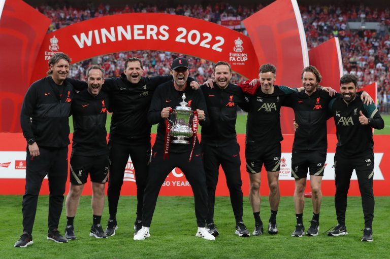 London, England, 14th May 2022. Jurgen Klopp, Manager of Liverpool with his coaching staff after his team win the Emirates FA Cup match at Wembley Stadium, London. Picture credit should read: Paul Terry / Sportimage London, England, 14th May 2022. Jurgen Klopp, Manager of Liverpool with his coaching staff after his team win the Emirates FA Cup match at Wembley Stadium, London. Picture credit should read: Paul Terry / Sportimage