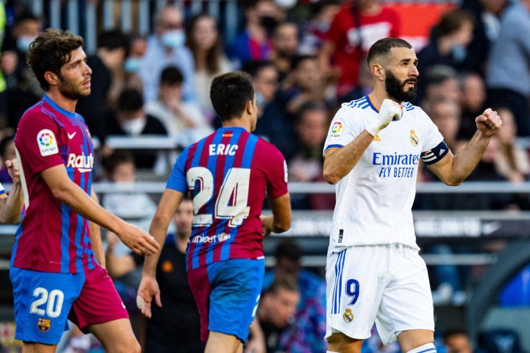 Barcelona, Spain. 24th Oct, 2021. Karim Benzema (Real Madrid CF) celebrates after winning the match after La Liga football match between FC Barcelona and Real Madrid CF, at Camp Nou Stadium in Barcelona, Spain, on October 24, 2021. Foto: Siu Wu. Credit: d