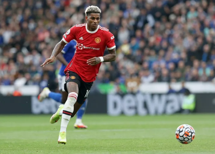 Leicester, England, 16th October 2021. Marcus Rashford of Manchester United during the Premier League match at the King Power Stadium, Leicester. Picture credit should read: Darren Staples / Sportimage Leicester, England, 16th October 2021.