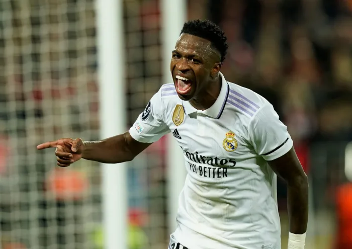 Liverpool, UK. 21st Feb, 2023. Vinicius Junior of Real Madrid celebrates scoring the second goal during the UEFA Champions League match at Anfield, Liverpool. Picture credit should read: Andrew Yates/Sportimage Credit: Sportimage/Alamy Live News Celta Vigo Real Madrid speltips stream