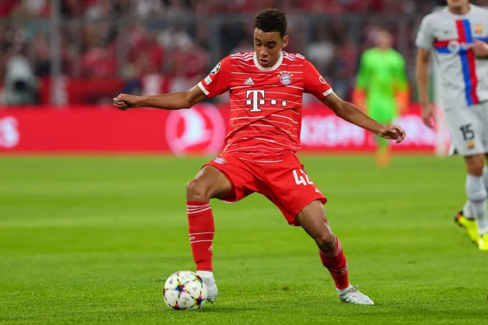 Musiala of FC Bayern Munich during the UEFA Champions League match between FC Bayern Munich v FC Barcelona at Allianz Arena in Munich, Spain. Stryktipset 6 maj