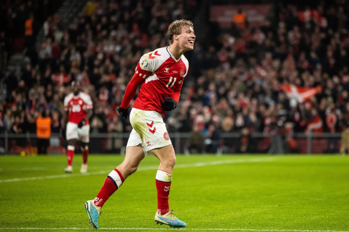 Copenhagen, Denmark. 23rd Mar, 2023. Rasmus Hojlund (11) of Denmark scores for 3-1 during the UEFA Euro 2024 qualification match between Denmark and Finland at Parken in Copenhagen. (Photo Credit: Gonzales Photo/Alamy Live News