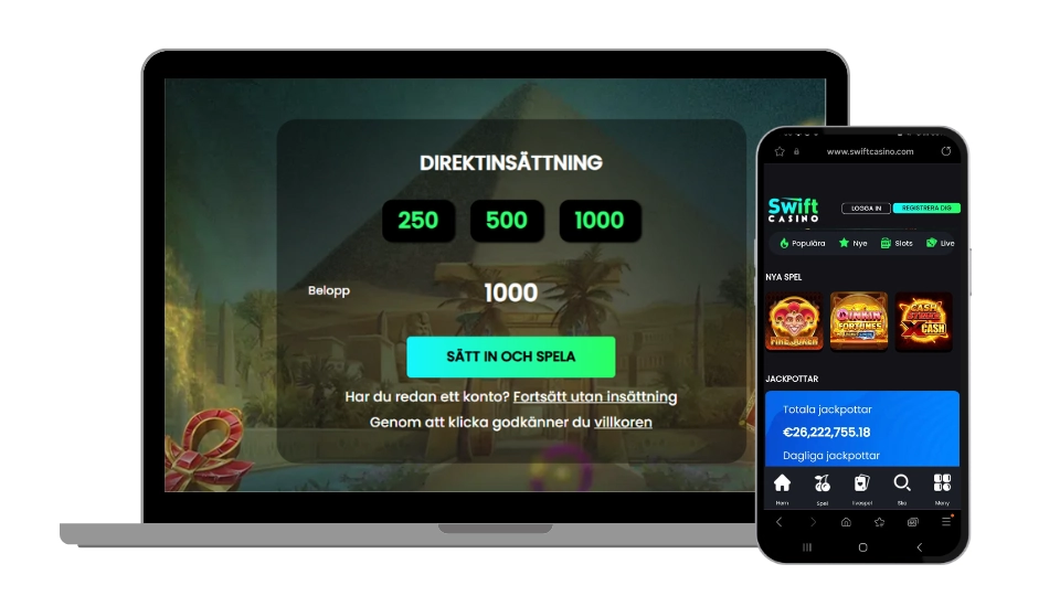 Laptop och mobil som visar Swift Casinos startsida.