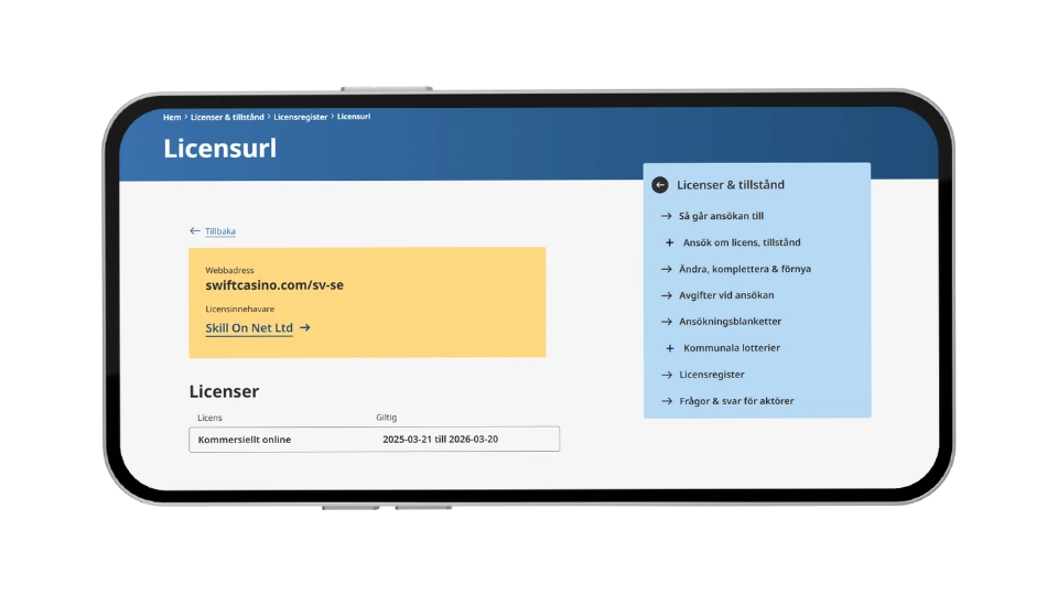 Mobilskärm som visar Swift Casinos svenska spellicens utfärdad till Skill On Net Ltd.