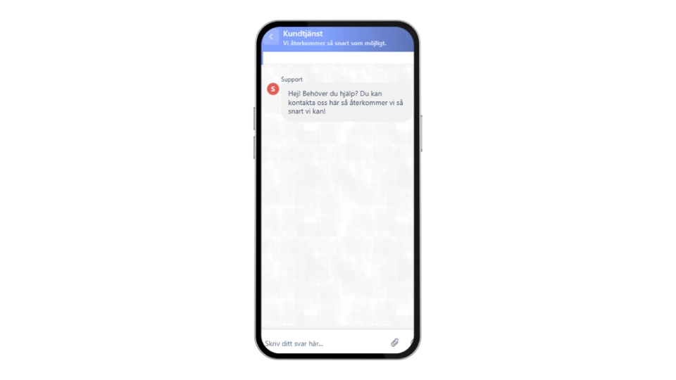 Mobilvy av Swift Casinos kundtjänstchatt med ett välkomstmeddelande från supporten.