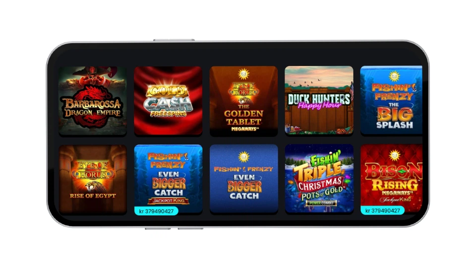 Mobilskärm som visar ett utbud av olika spelautomater hos Swift Casino.