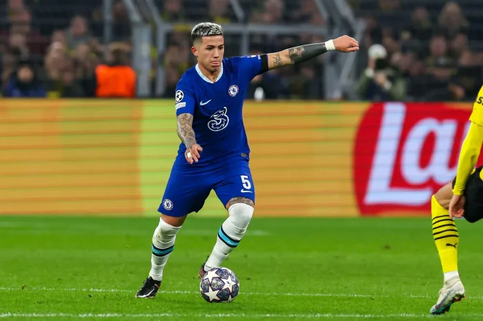 DORTMUND, GERMANY - FEBRUARY 15: Enzo Fernandez of Chelsea during the UEFA Champions Round of 16, 1st leg match between Borussia Dortmund and Chelsea at Signal Iduna Park on February 15, 2023 in Dortmund, Germany (Photo by Marcel ter Bals/Orange Pictures)