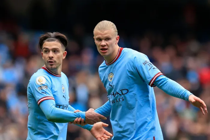 Erling Haaland #9 and Jack Grealish #10 of Manchester City during the Premier League match Manchester City vs Newcastle United at Etihad Stadium, Manchester, United Kingdom, 4th March 2023(Photo by Conor Molloy/News Images) burnley man c tips stream