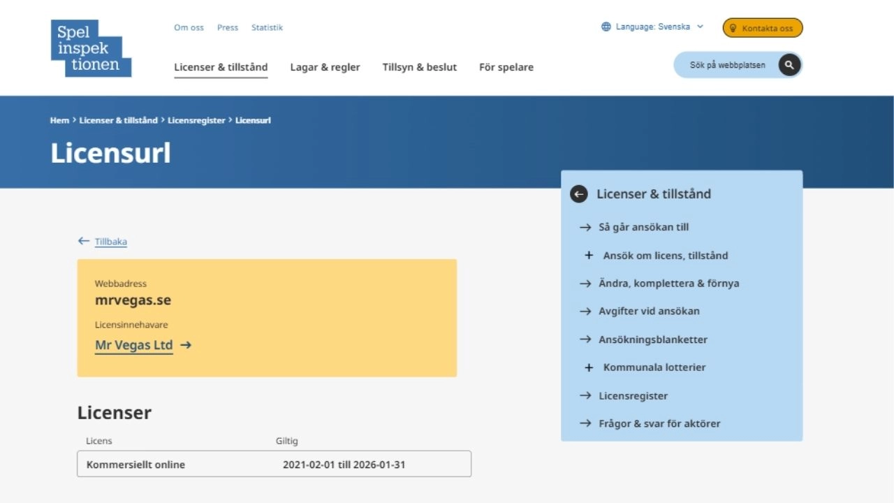 Mr Vegas spellicens Sverige