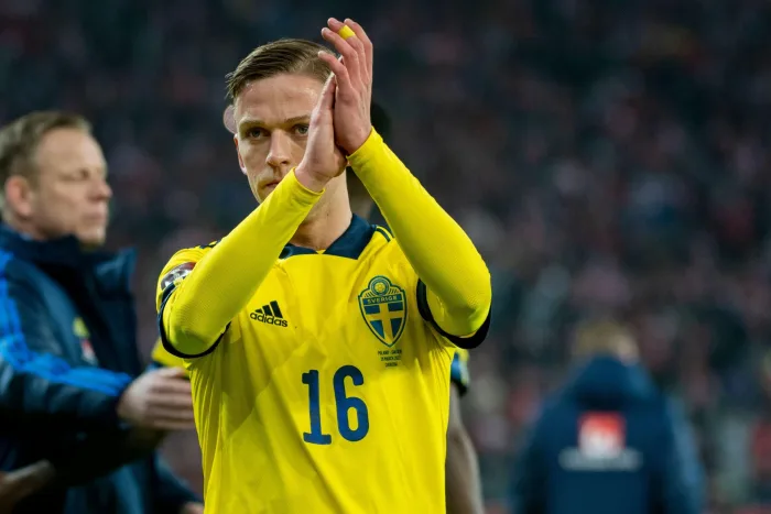 Chorzow, Poland. 30th Mar, 2022. Jesper Karlsson of Sweden dejected after the FIFA World Cup Qatar 2022 Qualifier Play-Off Final match between Poland and Sweden at Silesian Stadium in Chorzow, Poland on March 29, 2022 (Photo by Andrew SURMA/ Credit: Sipa