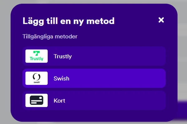 Gör insättning - välj Swish bland de olika betalningsalternativen