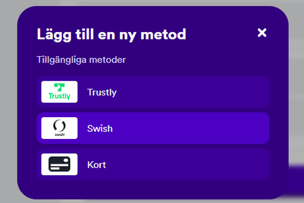 Gör insättning - välj Swish bland de olika betalningsalternativen