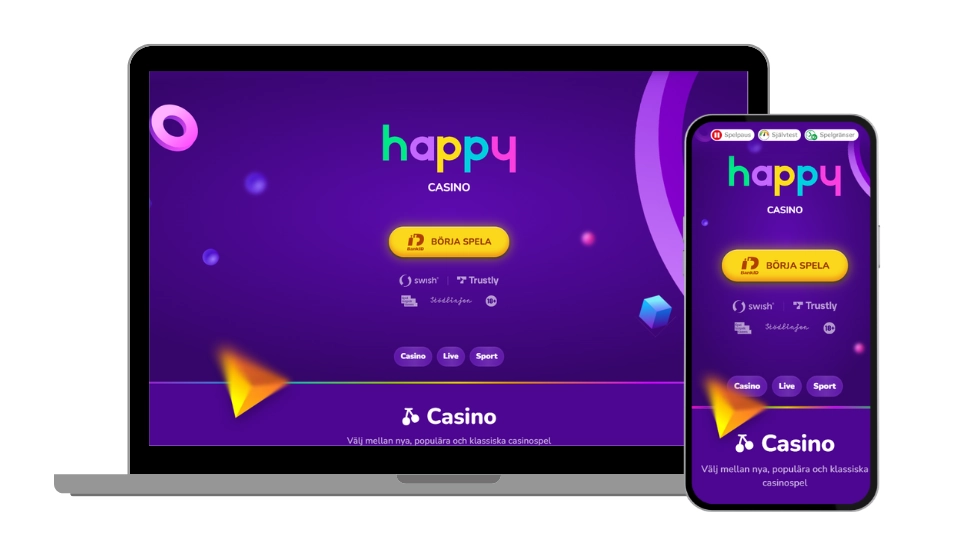 Happy Casinos startsida visad på både bärbar dator och mobil.